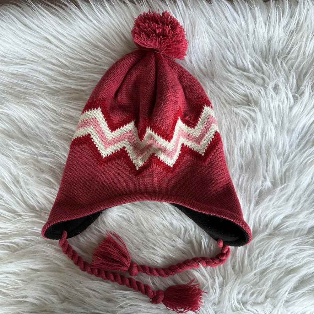 Goldmedal Winter Beanie Hat Pompom Ear Flap Tassel Knit Pink Zigzag Fleece Lined